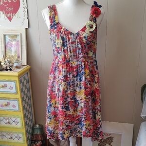 Janet Paris Colorful Rosette Asymmetrical Sundress with Scoop Neck Medium